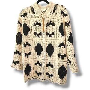 POL Crochet Cardigan Sweater Cream Black Granny Square Collared One Size NWT